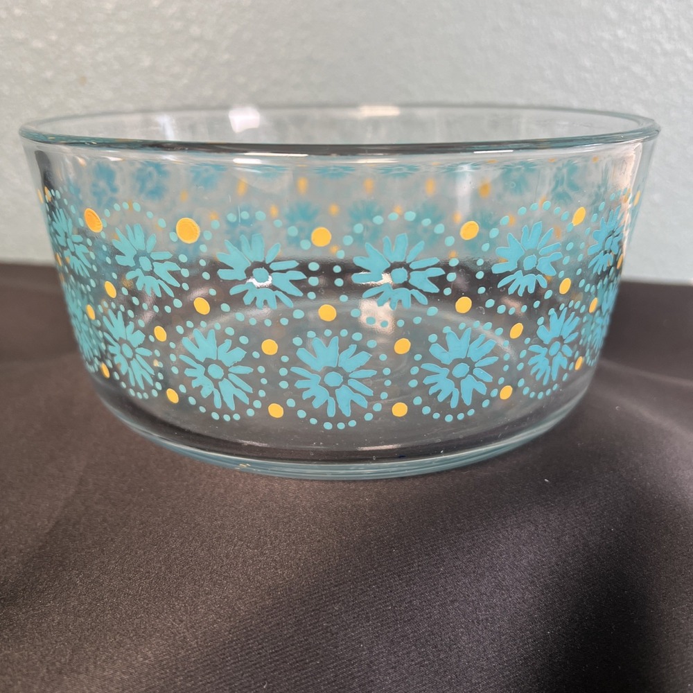 PIONEER WOMAN DANDELION DESIGN TEAL GOLD GLASS MIXING BOWL 1.75qt/ 7c - Picture 2 of 4